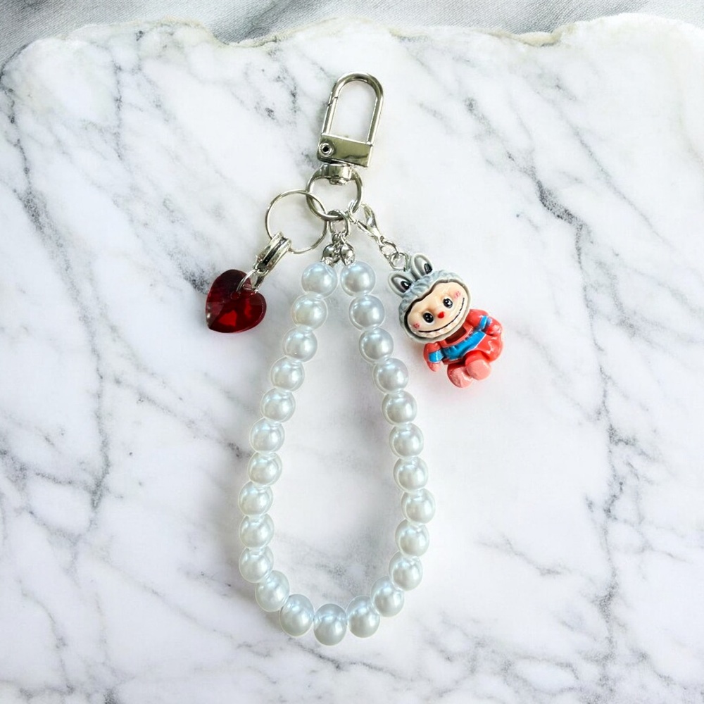 Charming Pearl Bead Keychain with Red Heart and Cute Character